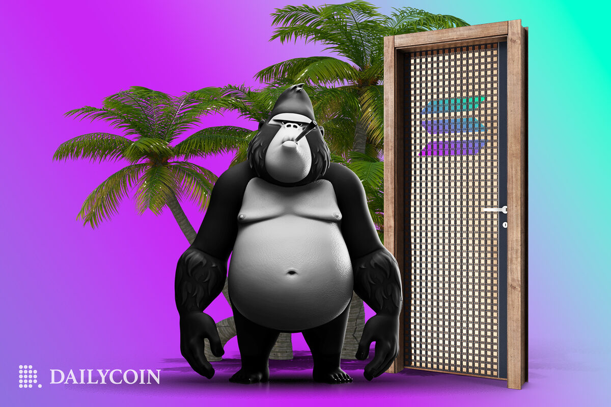 Large ape security guard standing in front of the entrance of Solana Spaces.