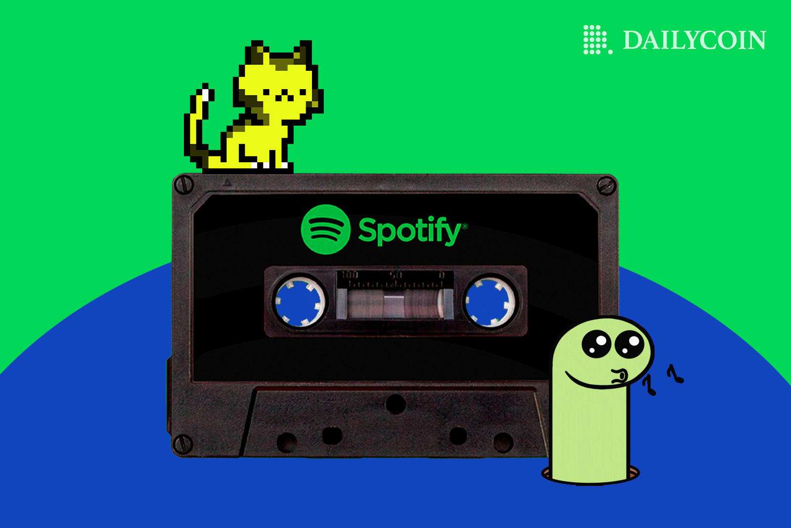 Spotify cassette with a pixelated cat on top of it, as an NFT worm is whistling notes nearby.