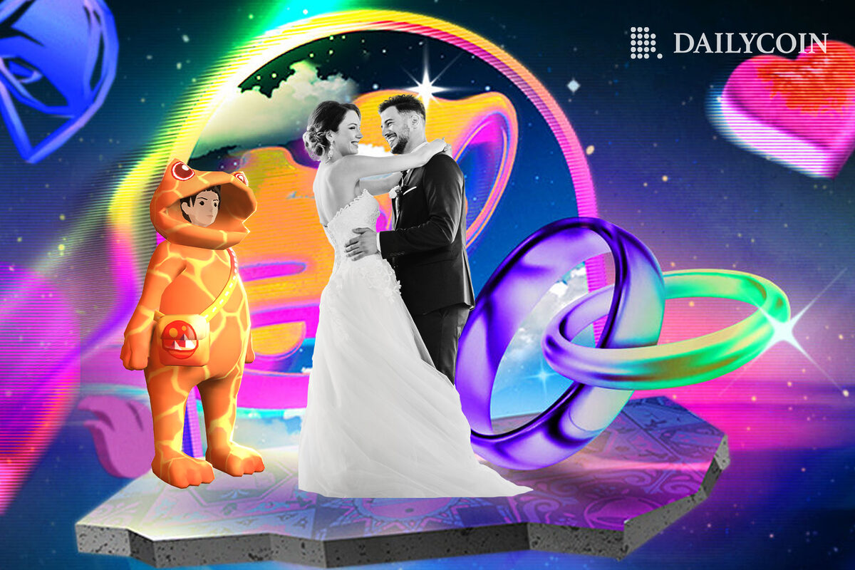 A couple getting married by Taco Bell in the metaverse,