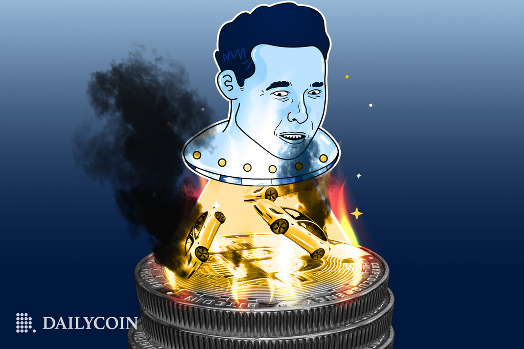 A cartoon depiction of Elon Musk's head as a UFO floating above burning Tesla vehicles on top a stack of coins