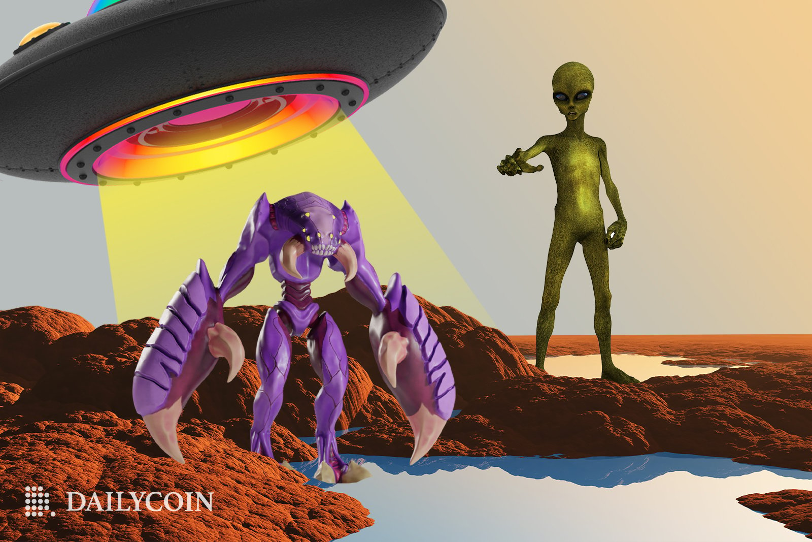 Purple alien with scissor hands emerges from a UFO aircraft with yellow shining light while another green alien stands nearby.