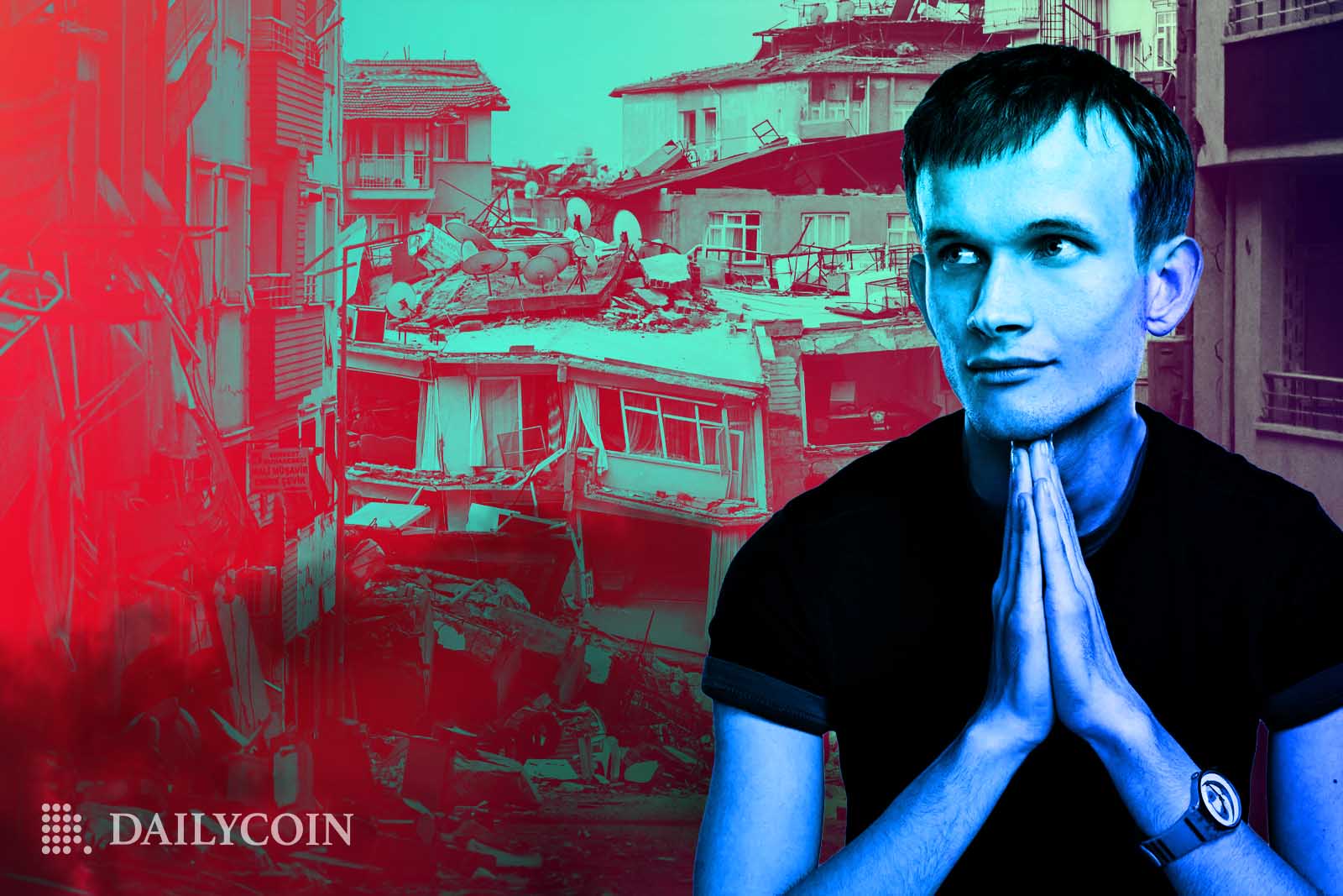 Vitalik Buterin with his hands together looking sideways.