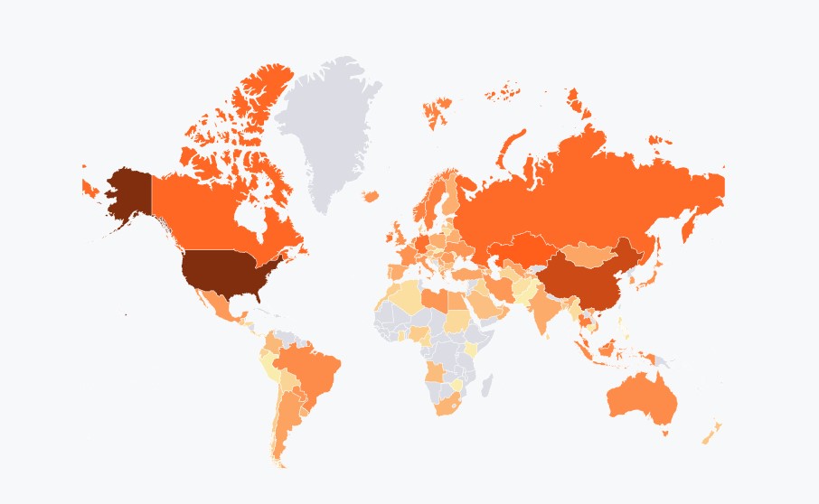 Bitcoin hash rate map of the world. 