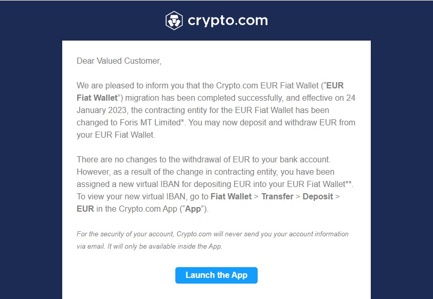 cryptocom wallet migration completed email