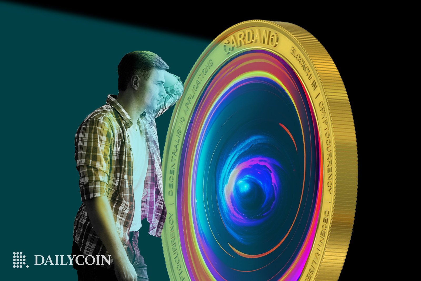 Man Looking Into Black Hole Whirlpool inside Cardano ADA Coin.