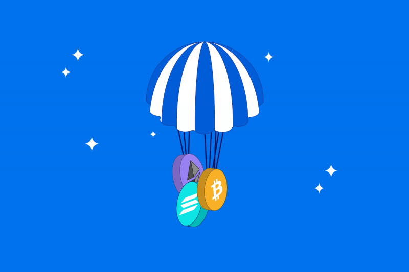 A cartoon painting of crypto coins falling with a blue parachute