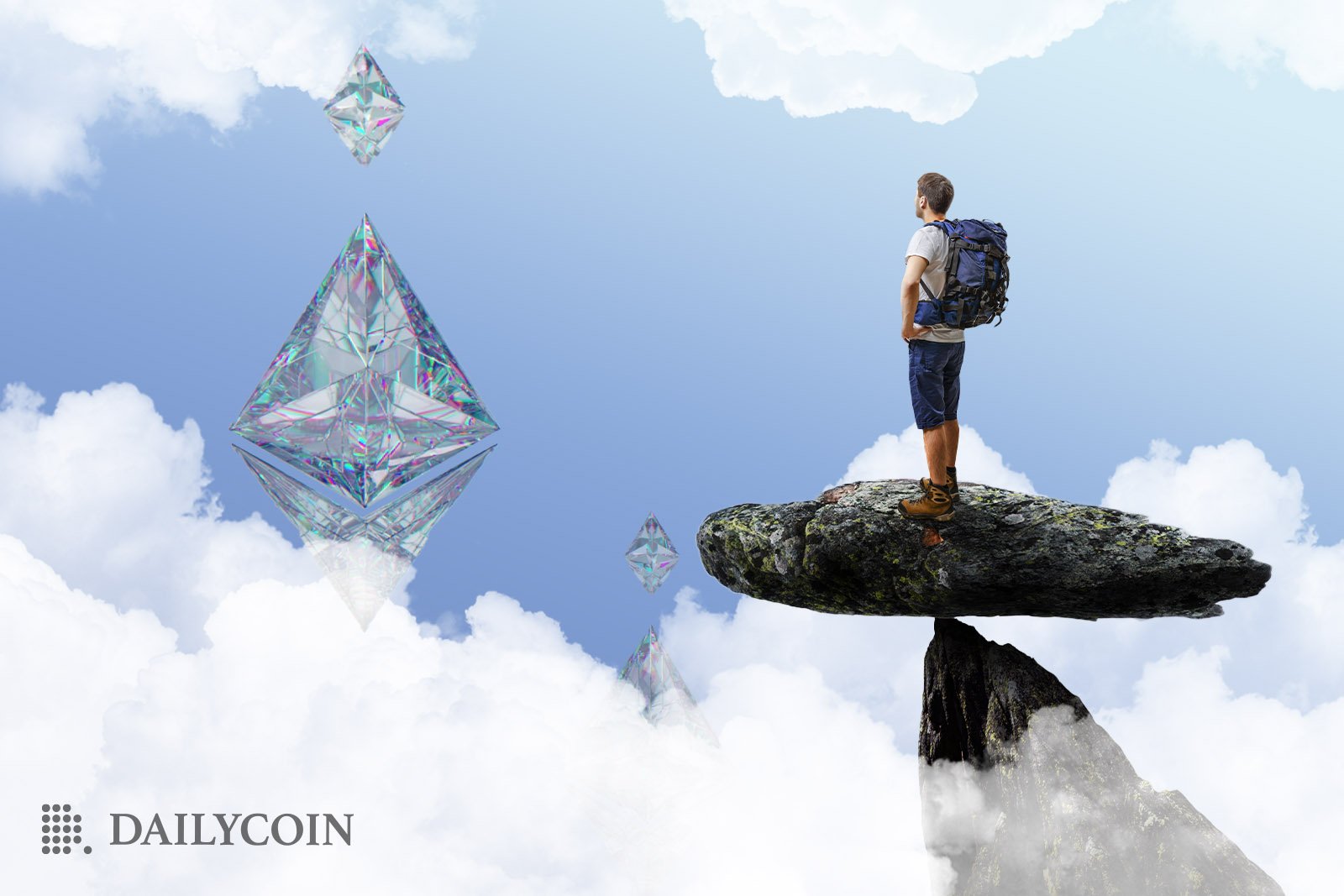 A man with a backpack standing on a rock in front of Ethereum logo