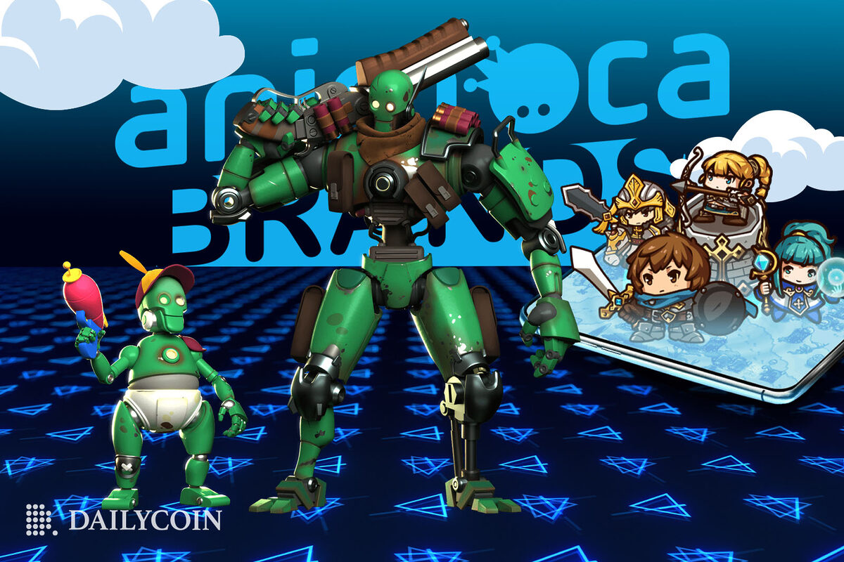 The background shows "Animoca Brands" in a lightly cloudy sky. The foreground features two toy robot soldiers with futuristic guns. Just behind them is a square platform with anime style RPG characters.