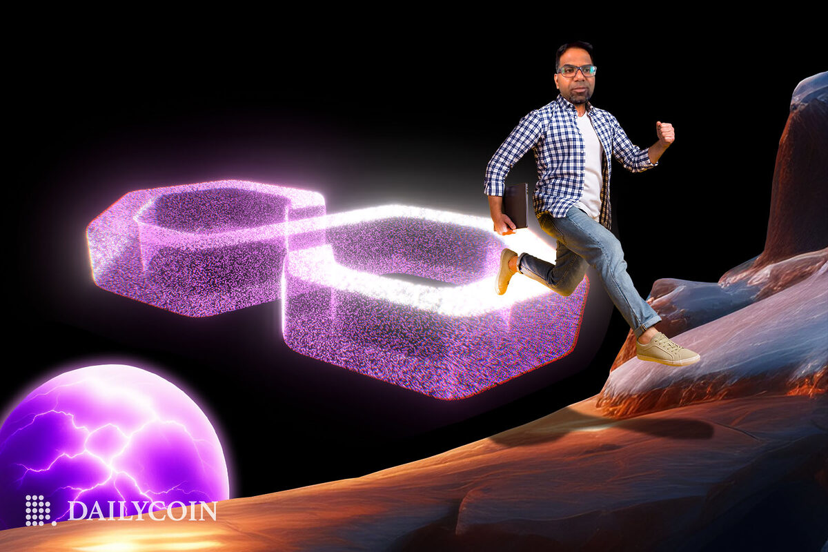 A man running in the air through transparent Polygon logo.