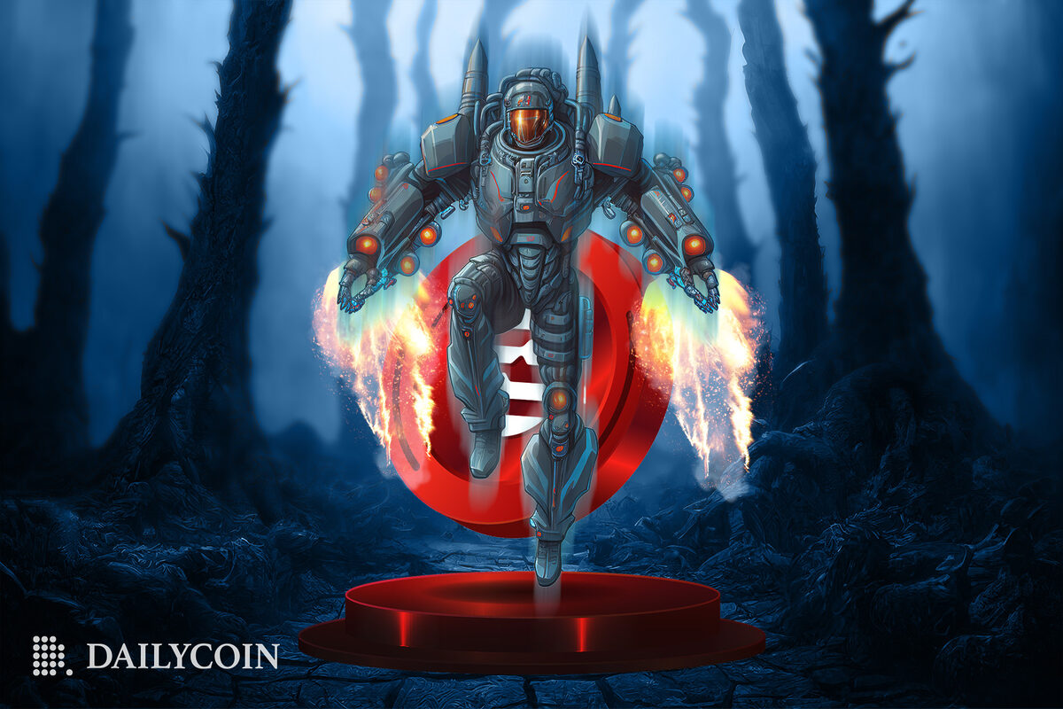 Robot flying in front of a red token in a dark forest.