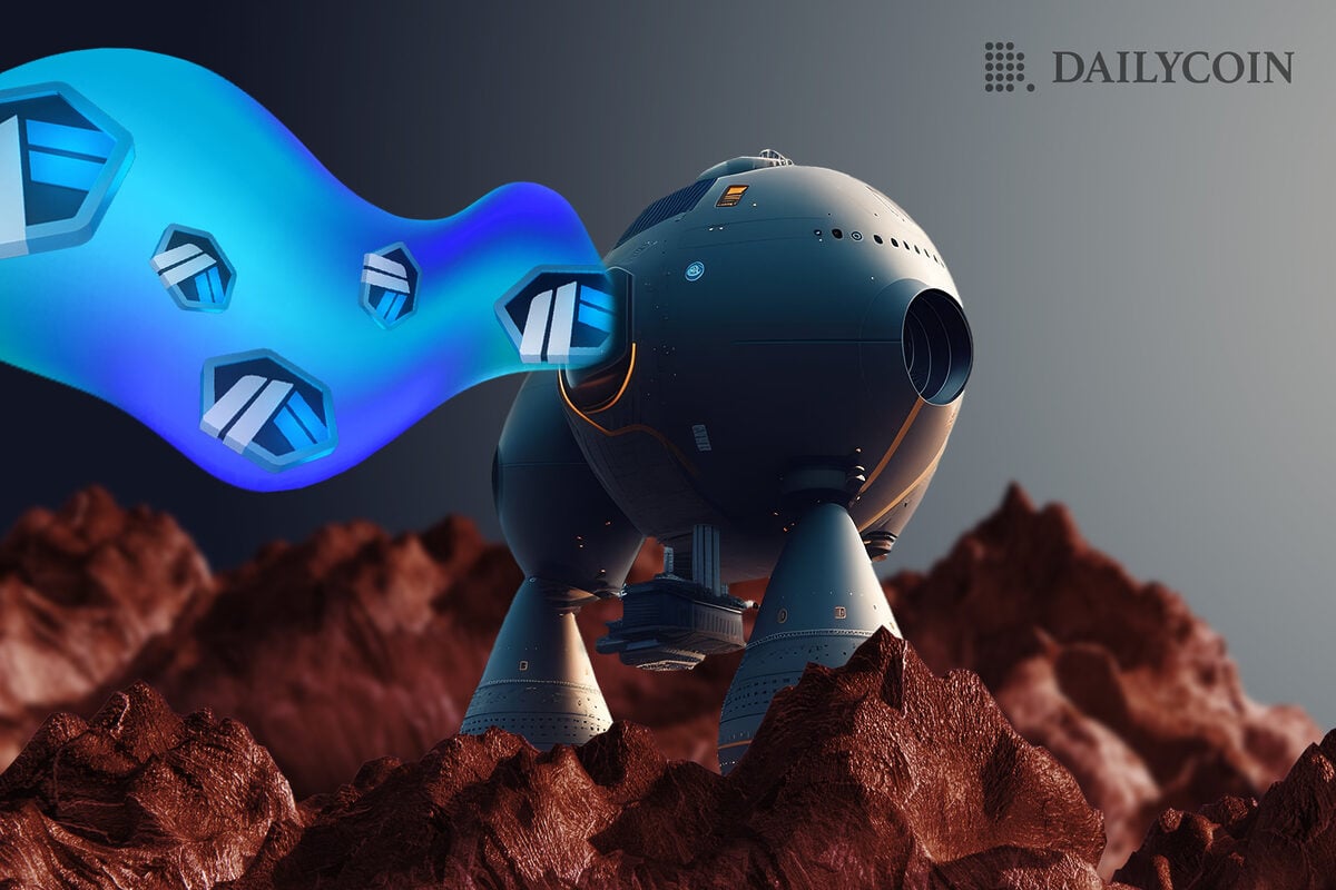 A machine releasing blue material with Arbitrum tokens stuck in it.