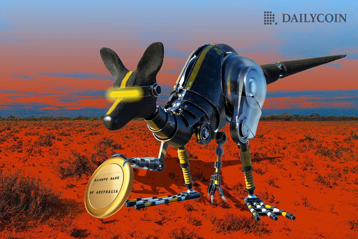 A robotic kangaroo holding a coin that has the text "Reserve bank of Australia" on it in an Australian outback type landscape