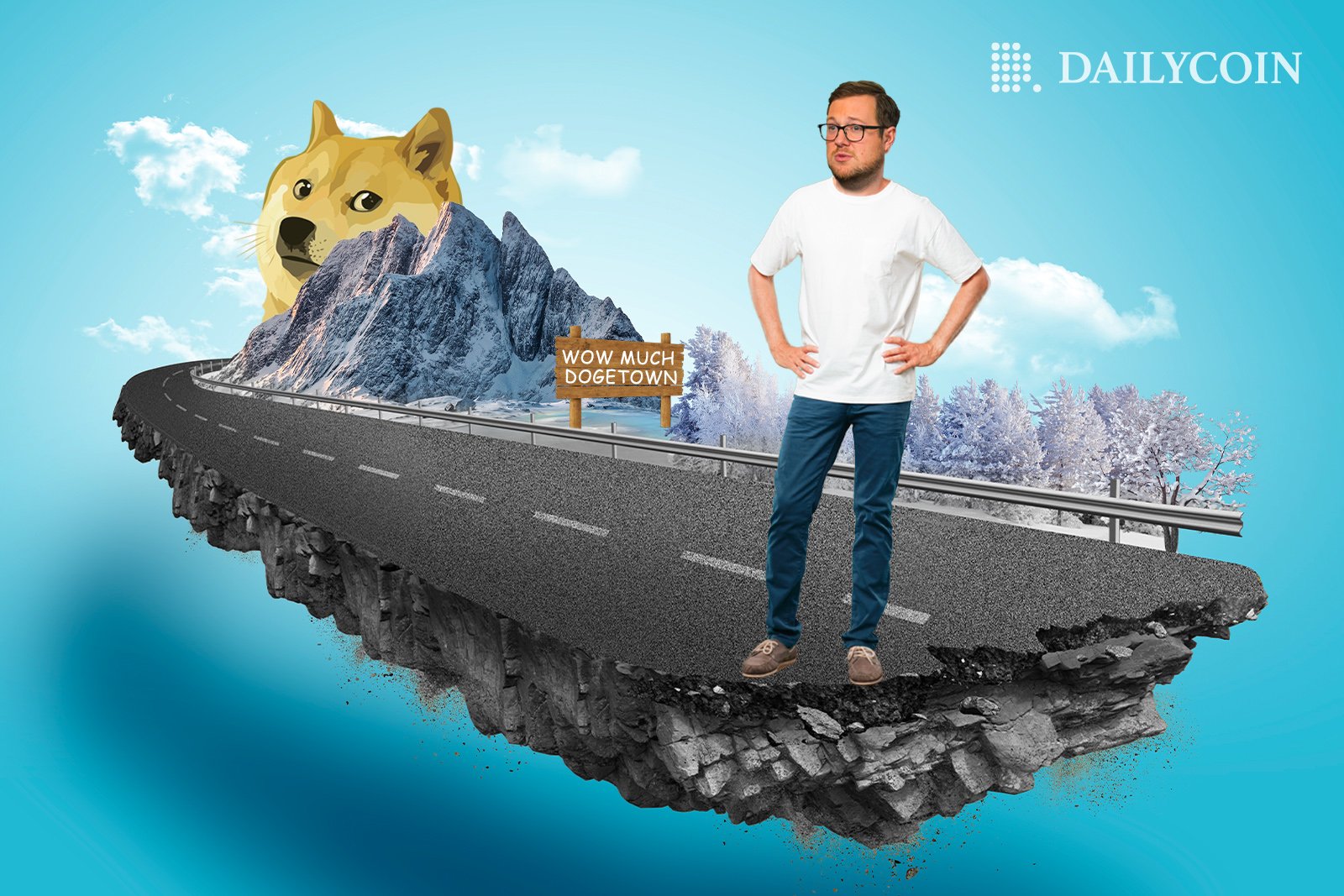 Billy Markus standing in the middle of the road on a floating island next to a doge hiding behind a mountain.