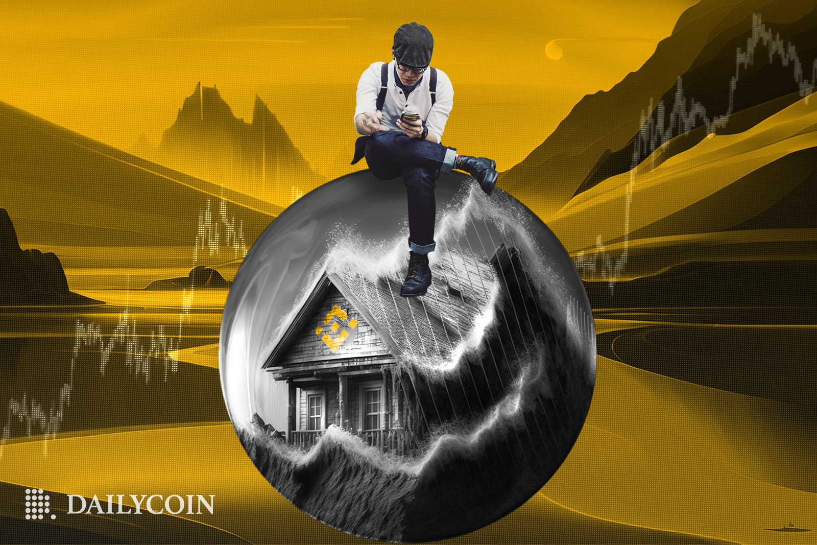 A man sitting cross legged patiently waiting, on top of a house with the Binance logo on it getting battered by waves