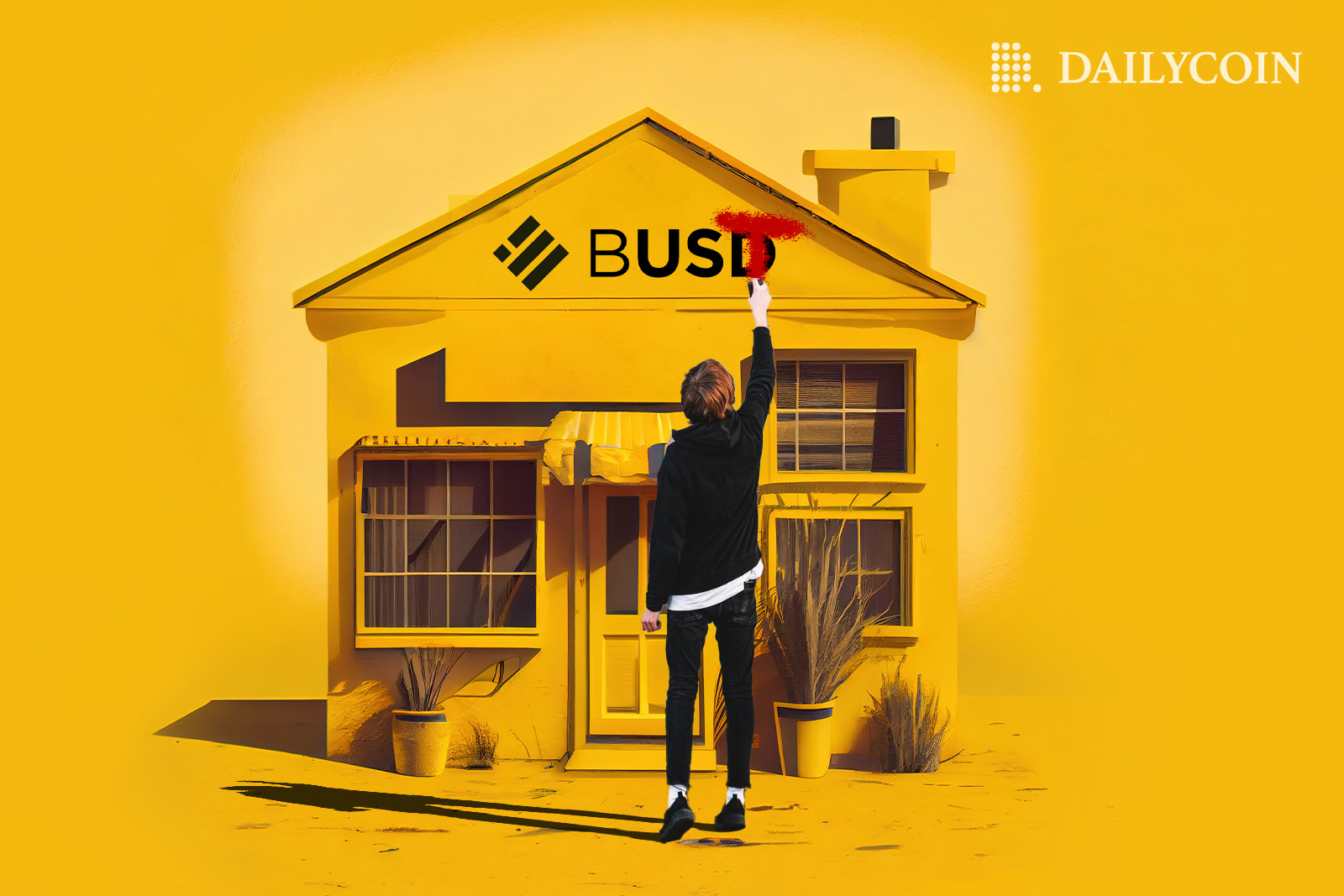A quaint yellow house with "BUSD" as its named is being painted over with red to read "BUST" by a woman.