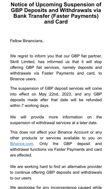 Binance letter of notice of upcoming suspension of GBP deposits and withdrawals. 