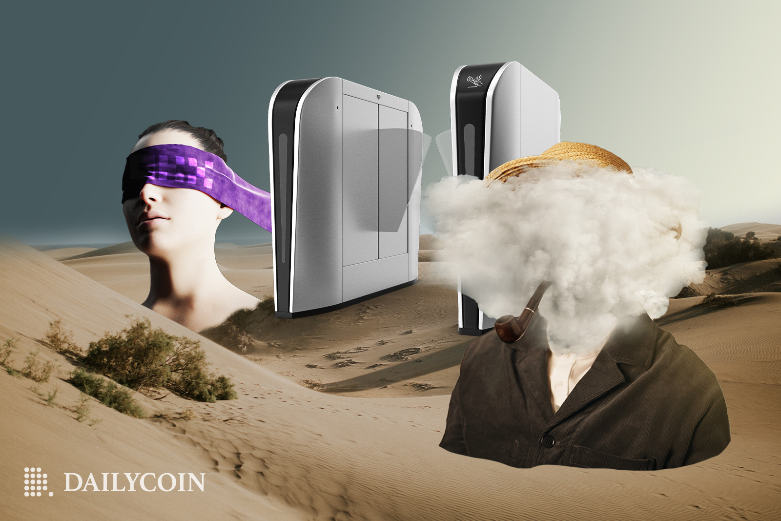 Two busts in the desert, one blindfolded and one with its head in the clouds, with two PlayStations.