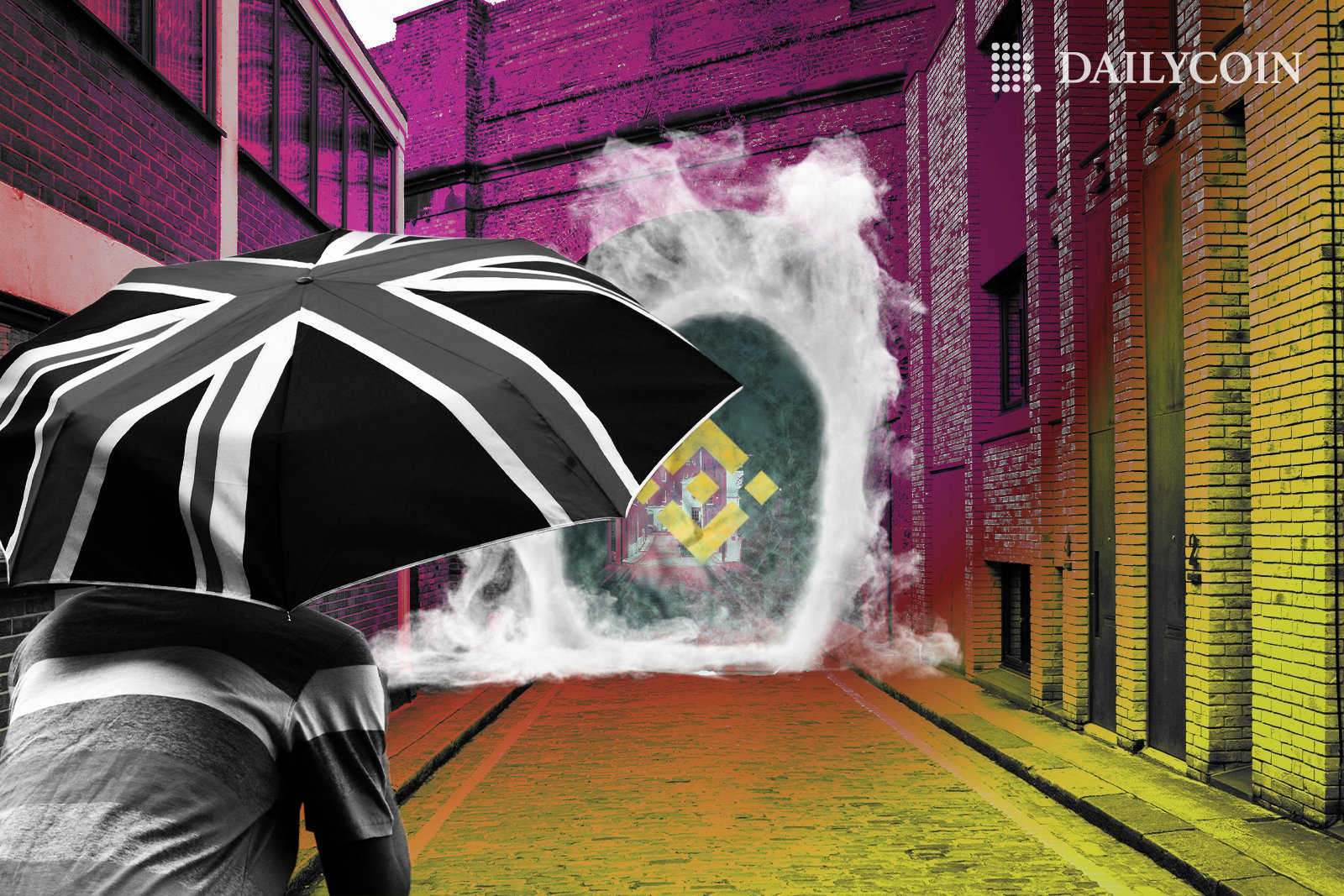 A man holding a grey umbrella with UK flag on it walking down the street towards a smoking Binance portal.