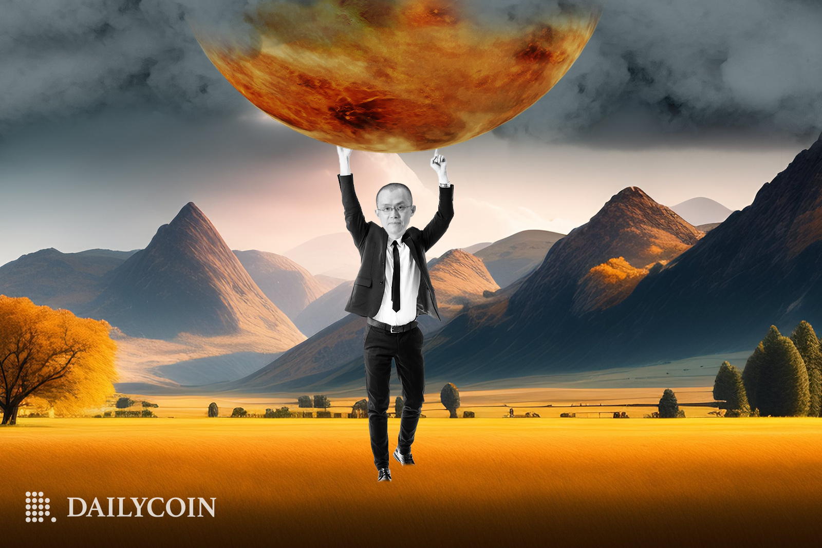 Binance CEO holding a fireball in the desert, symbolizing the trouble that's coming after the CFTC lawsuit.