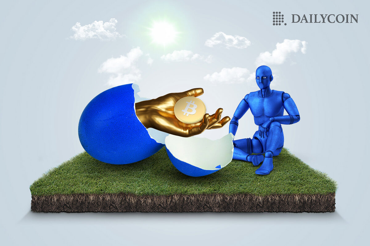 A blue human sitting next to a huge cracked blue egg with a golden hand holding a Bitcoin.