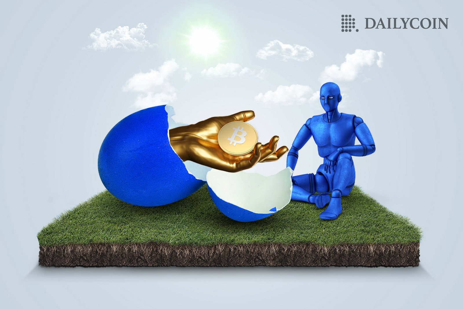 A blue human sitting next to a huge cracked blue egg with a golden hand holding a Bitcoin.