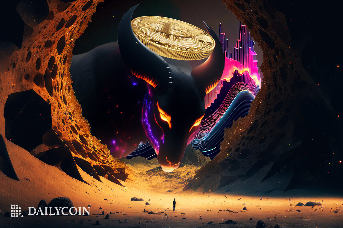 A monster bull holding a bitcoin on its horns.