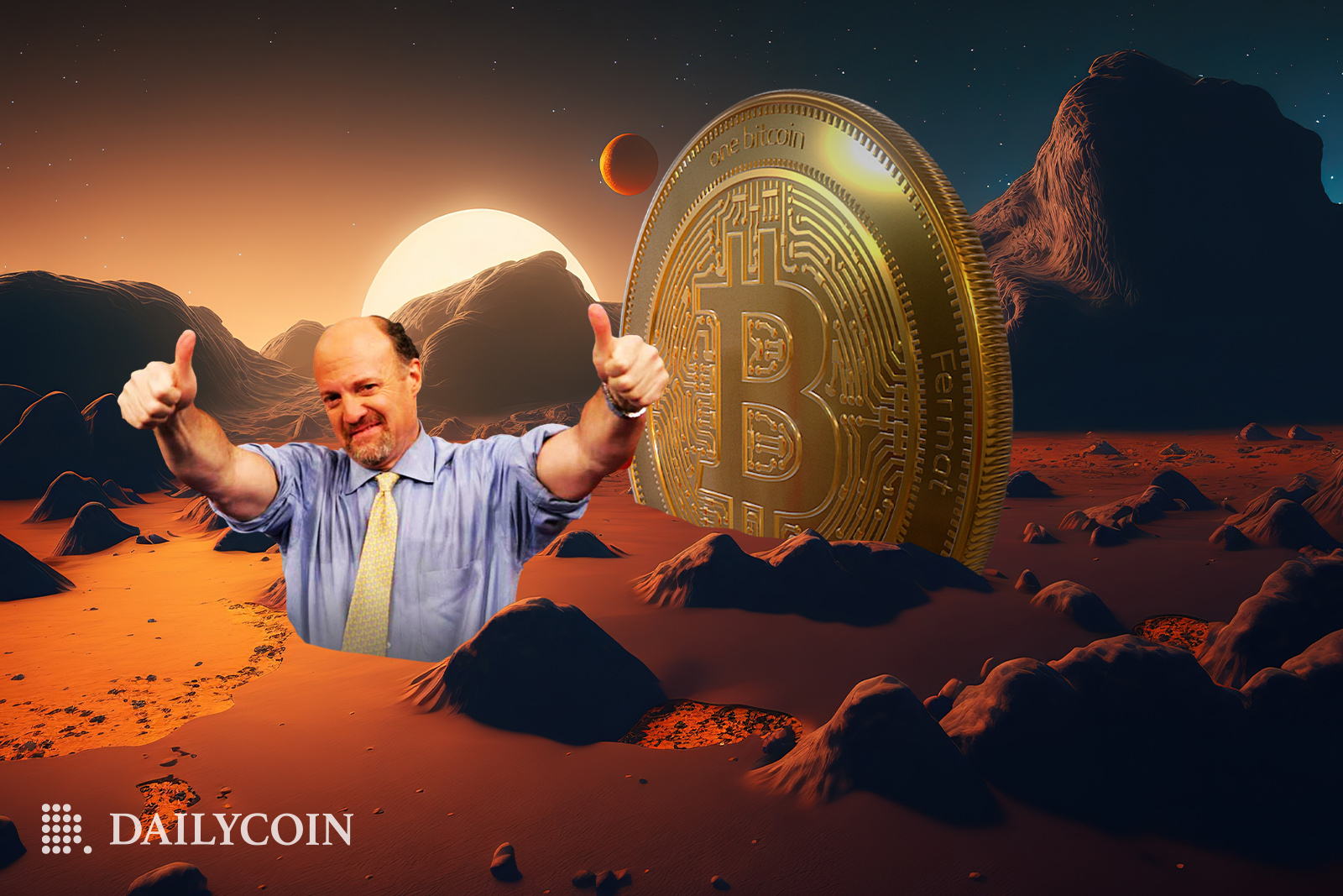 Smiling Jim Cramer emerges from the ground holding thumbs up as the golden Bitcoin dips into the orange sand.