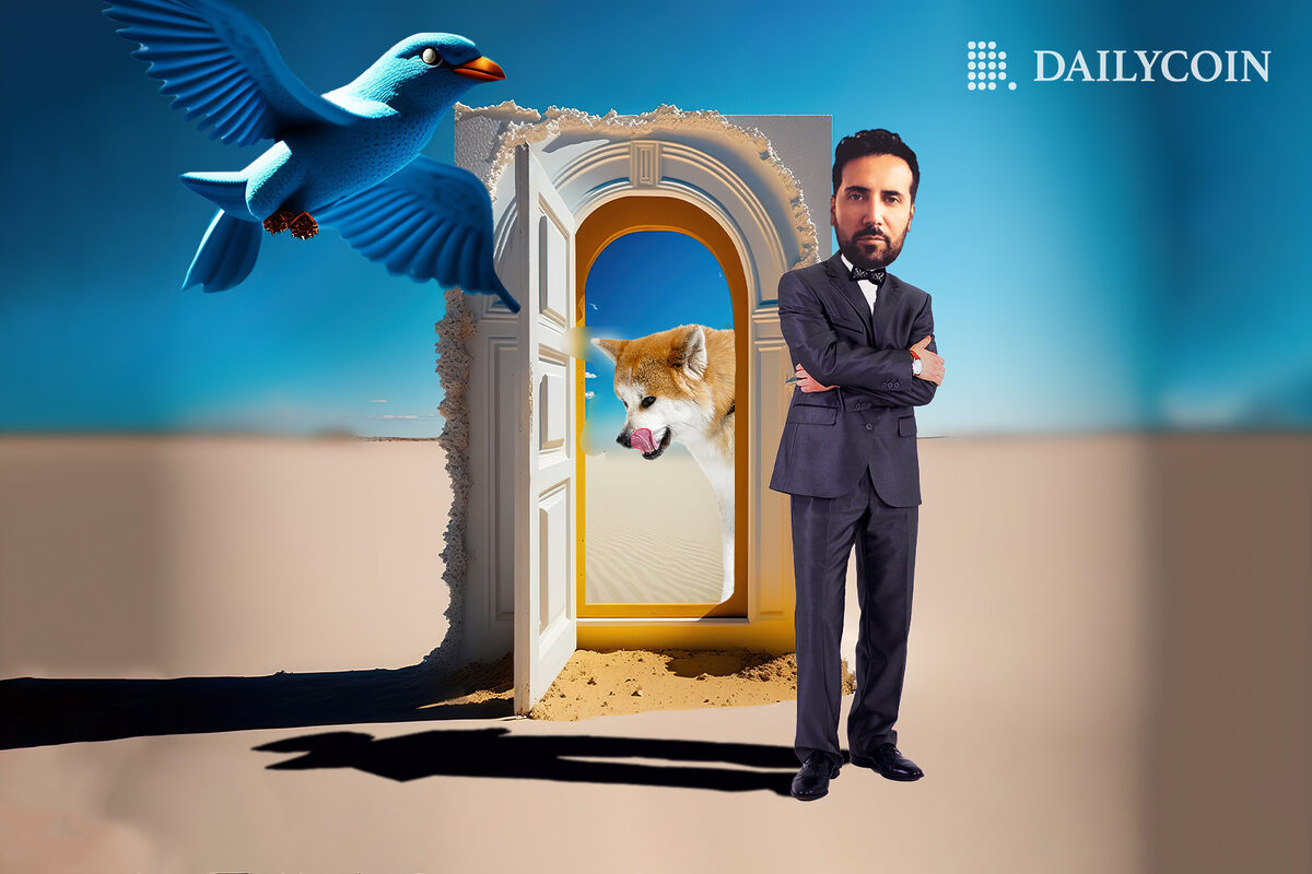 David Gokhshtein standing in front of an open door with Shiba Inu behind it while blue Twitter bird is flying by,