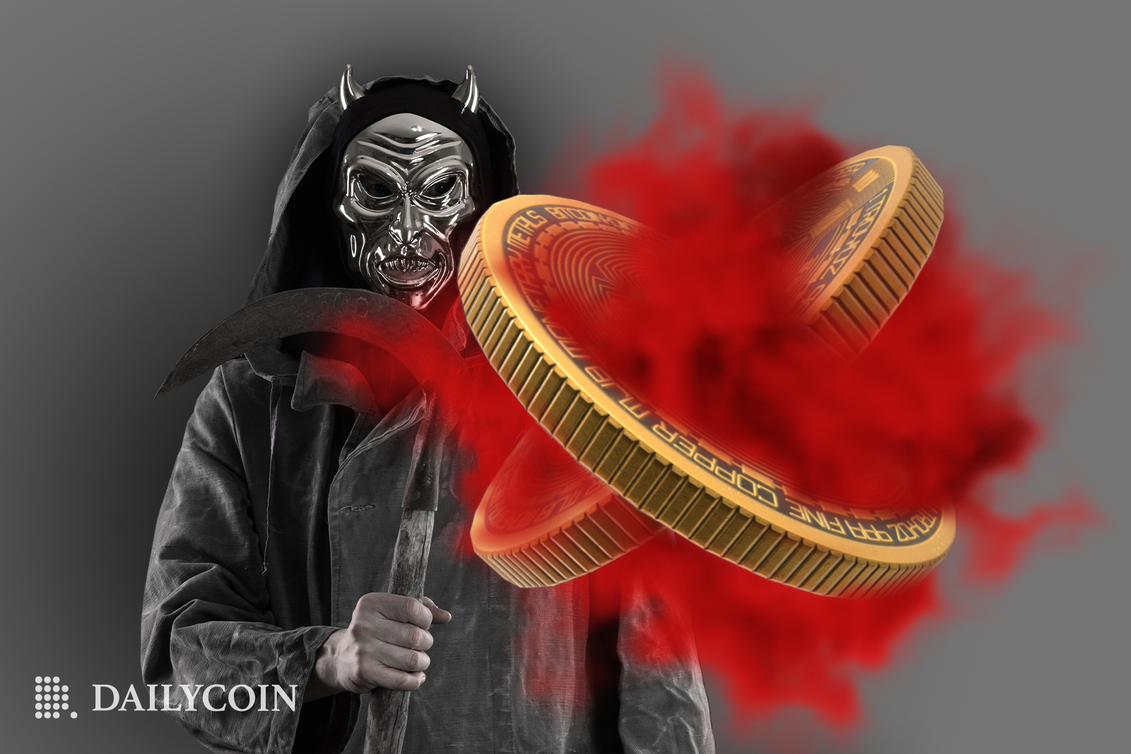 Eerie figure standing with a Scythe looking at a crossing between two bitcoin