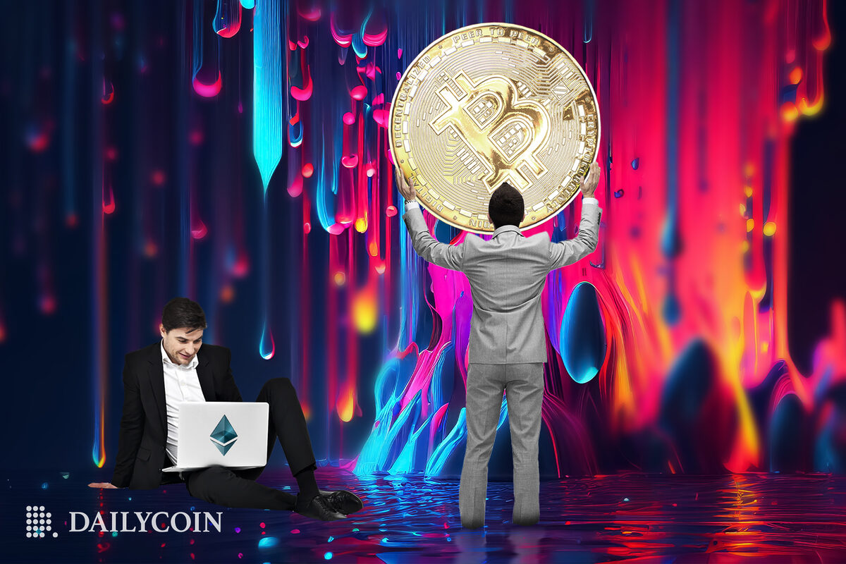 A man sitting with an Ethereum laptop on his lap, while another stands holding up a giant bitcoin.
