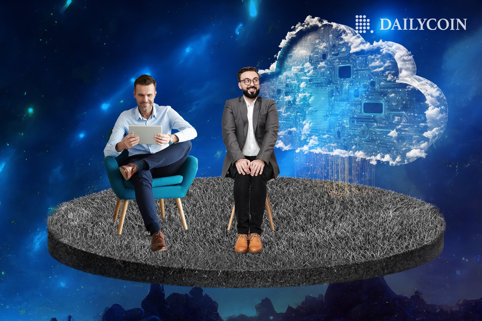 Two men sitting on a elevated platform next to a transparent digital cloud.