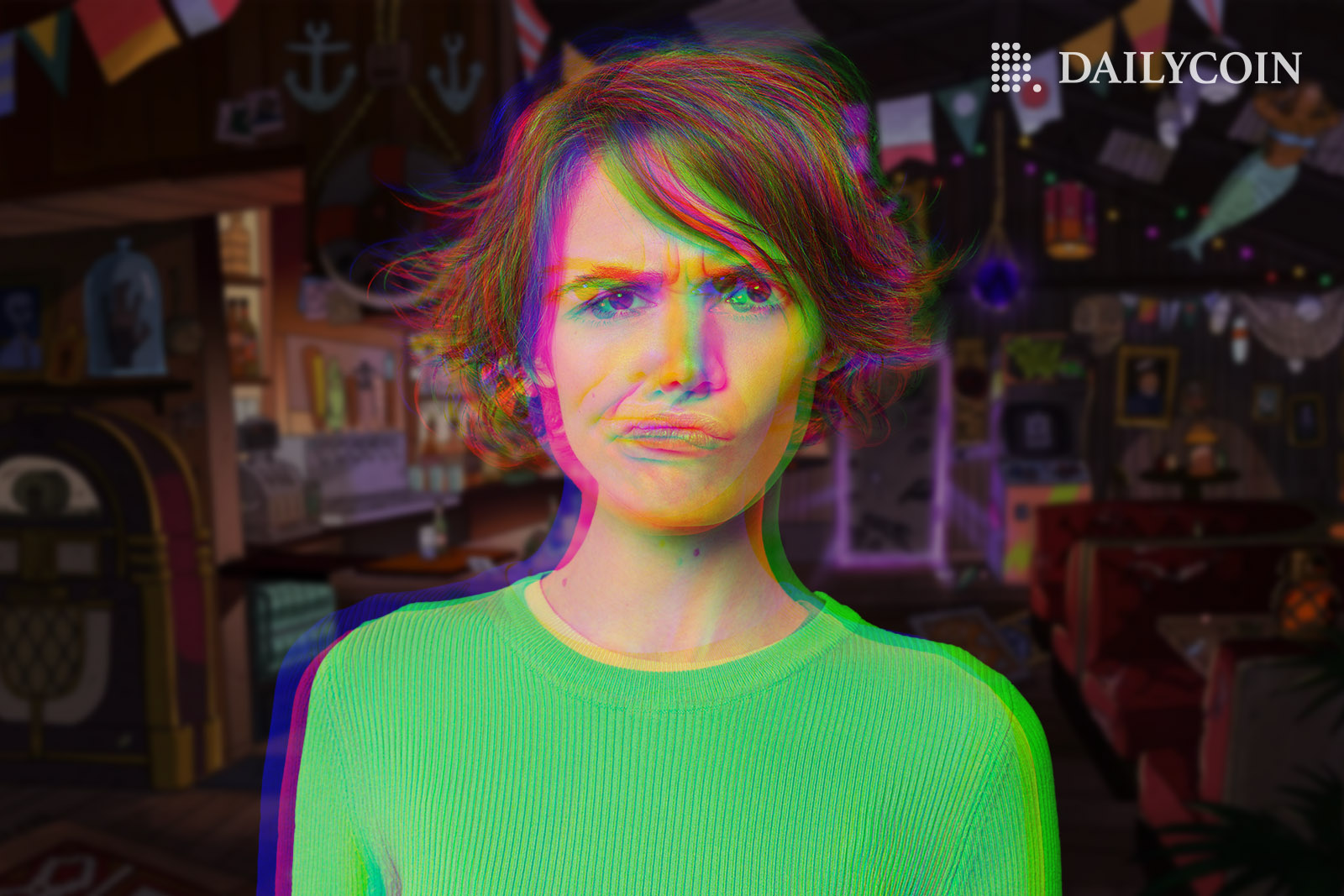 Displeased woman frowning in a glitch effect.