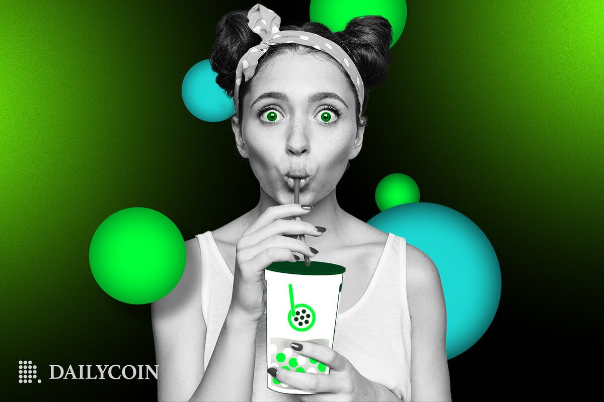 Woman drinking boba tea, with Boba Network logo on it.
