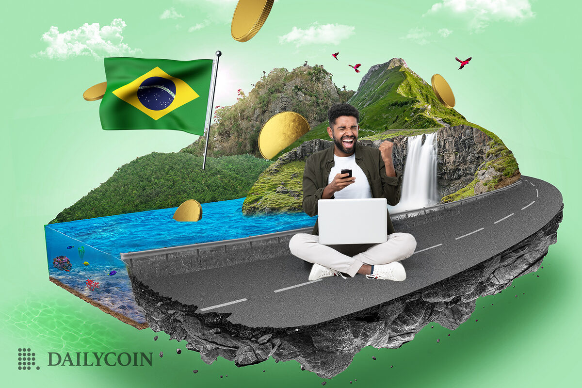 Man sitting on a road with Brazil flag and coins behind him.
