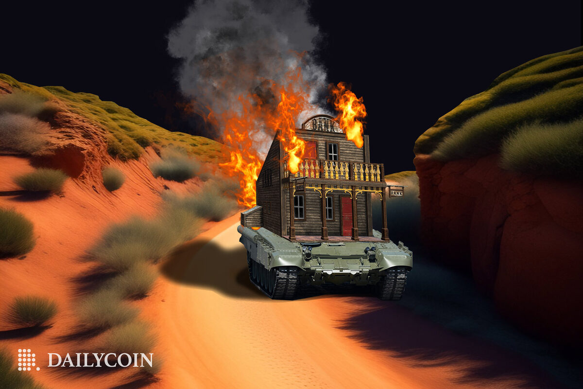 A burning bank on wheels rolling though digital landscape.