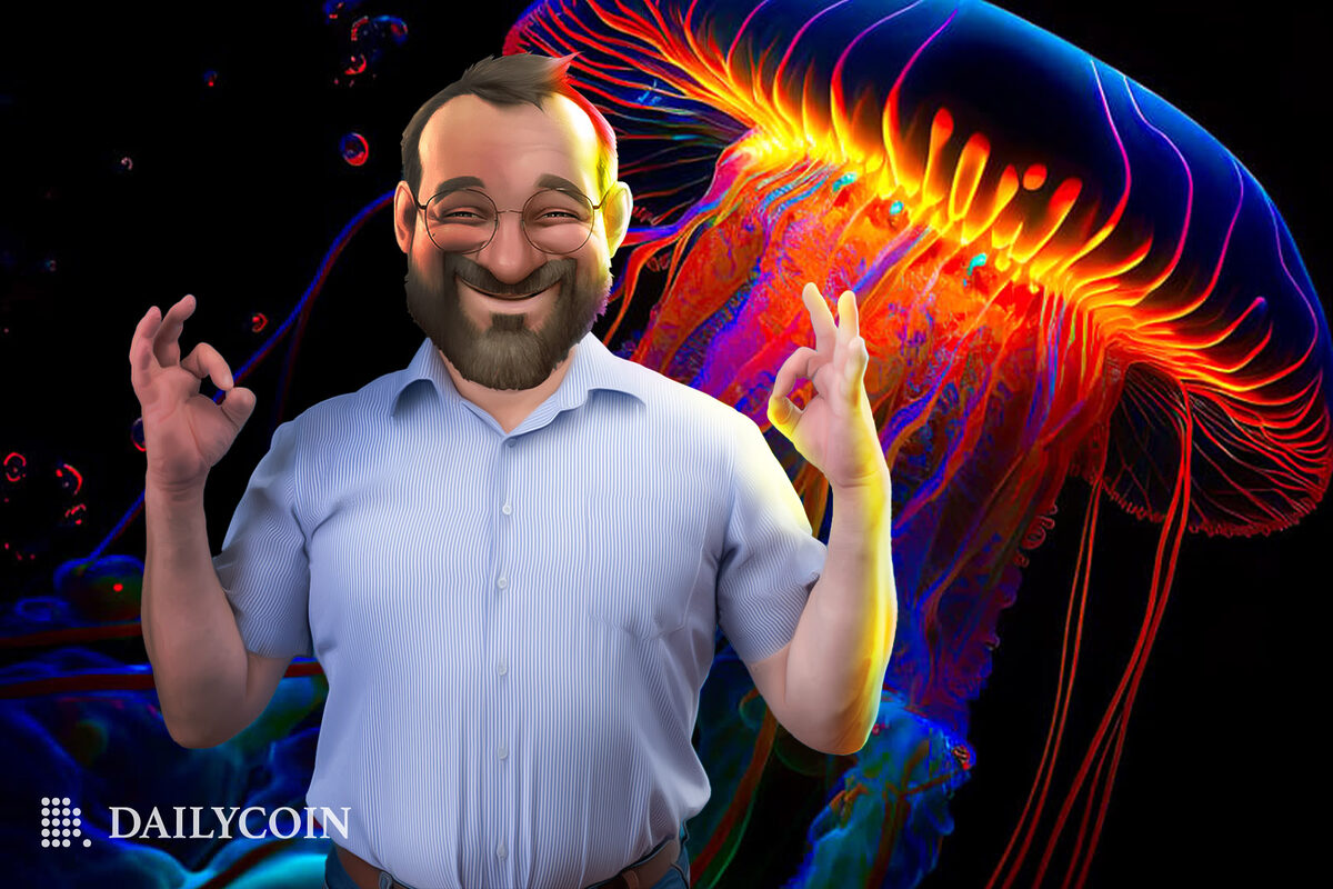 Animated happy Charles Hoskinson in front of a luminescent jellyfish