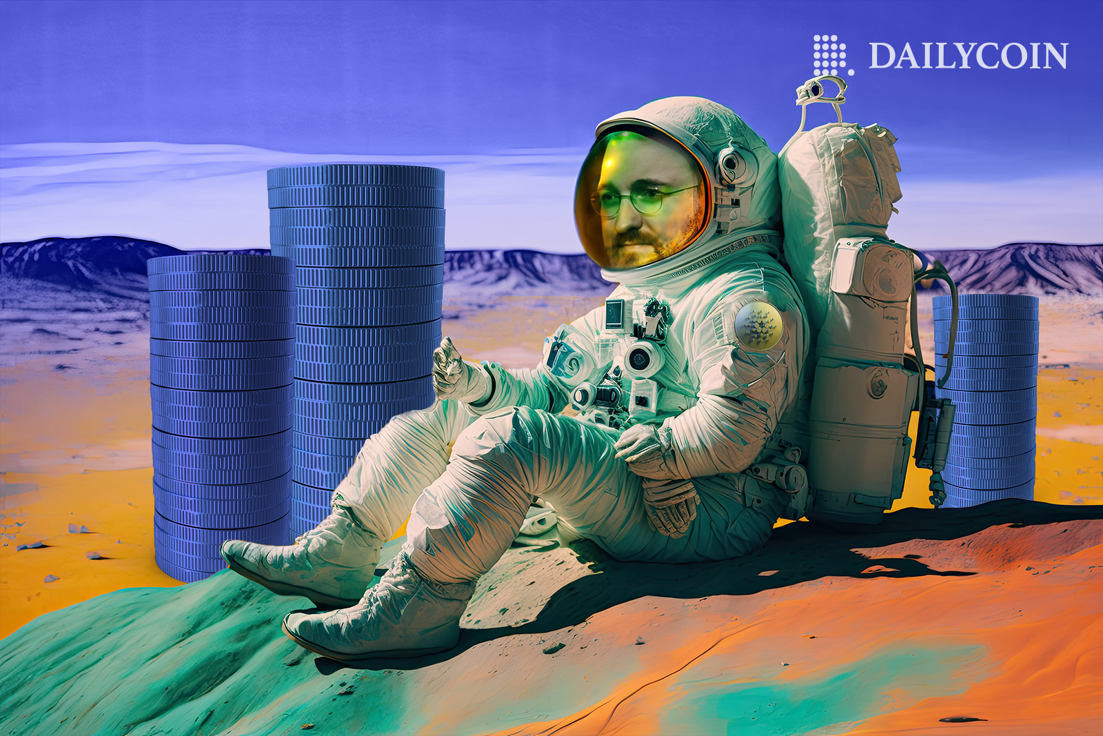 Charles Hoskinson sits on Mars with an astronaut suit next to ADA tokens.