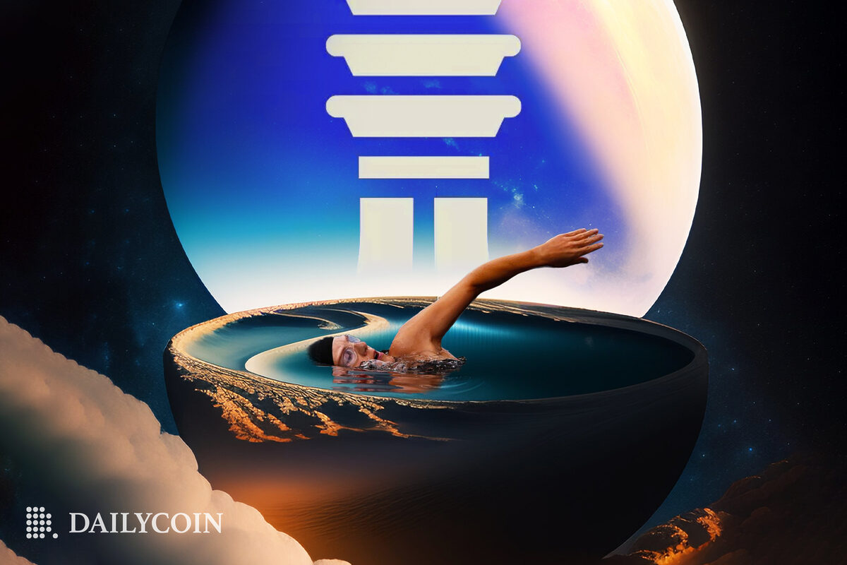 A man swimming in outer space in front of a DJED symbol.