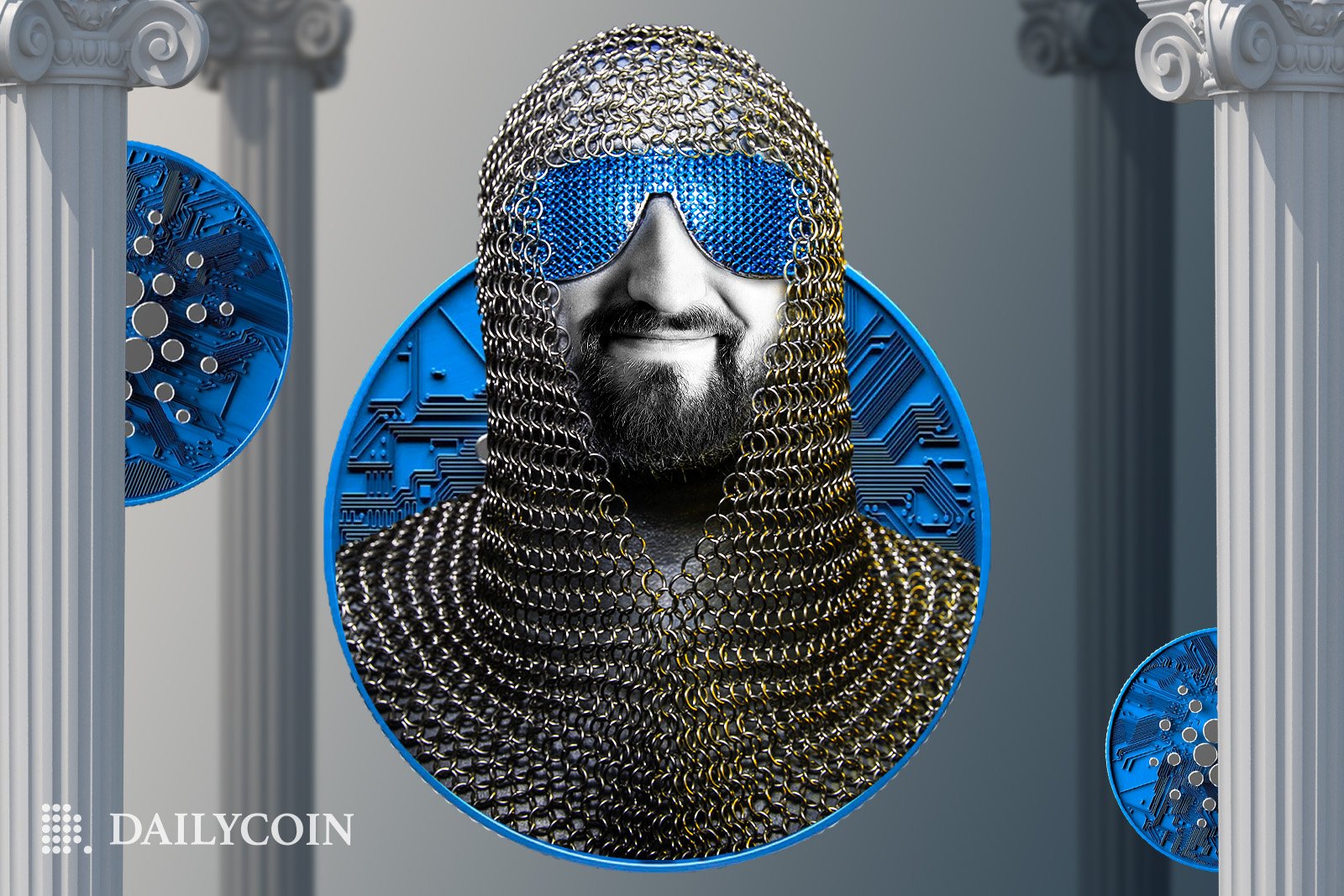 Portrait of Charles Hoskinson with medieval armor, coins, and pillars.