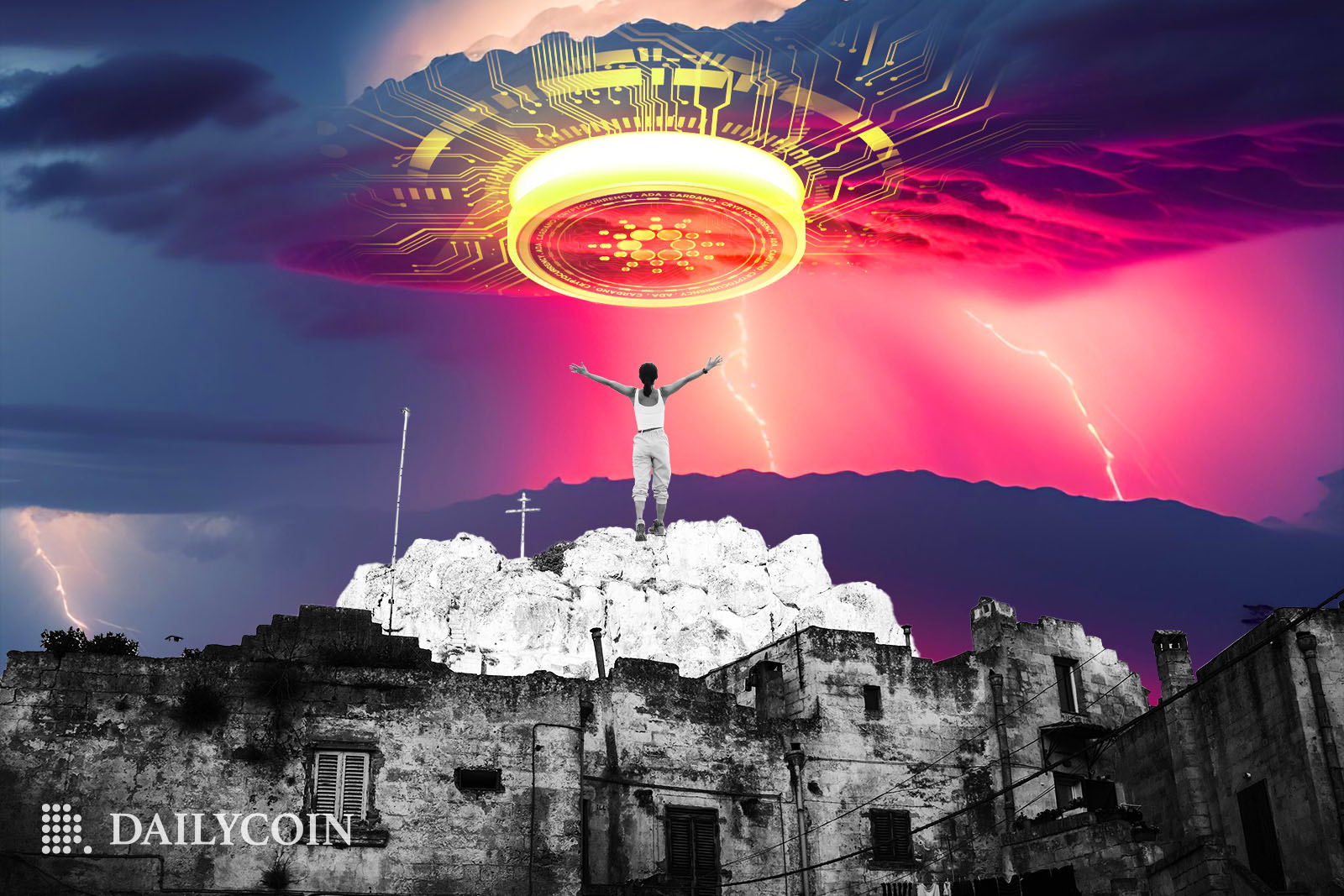 Woman in awe of Cardano lightning storm standing behind a city ruins.