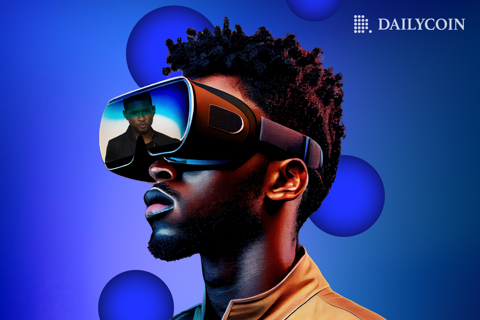 Man with VR goggles reflecting musician Usher