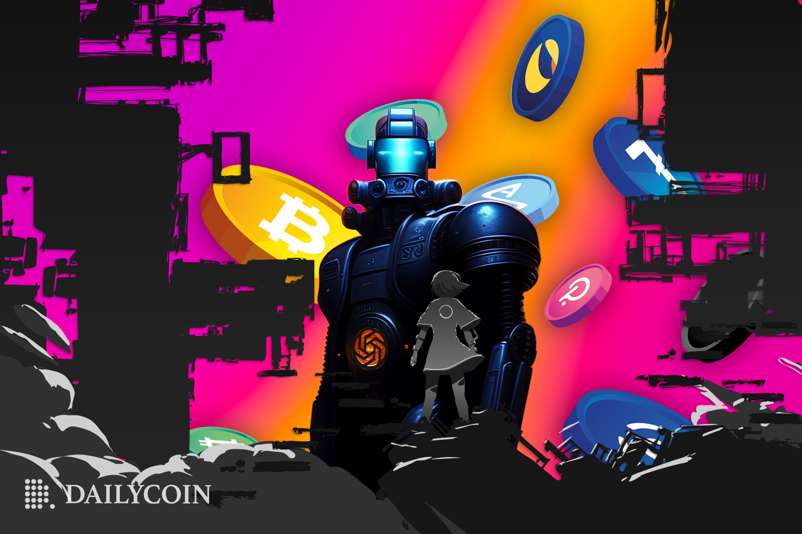 Giant robot standing in front of a human in an abandoned futuristic city next to floating crypto tokens.