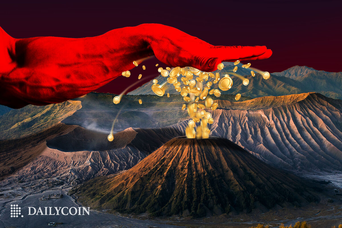 China's red hand over volcano shooting crypto coins.