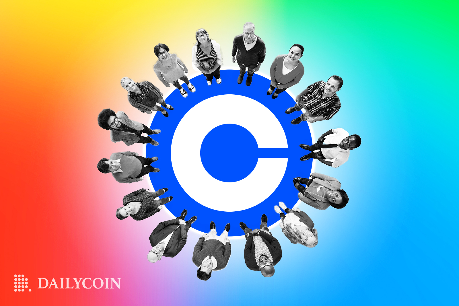 A circle of humans standing on Coinbase logo.