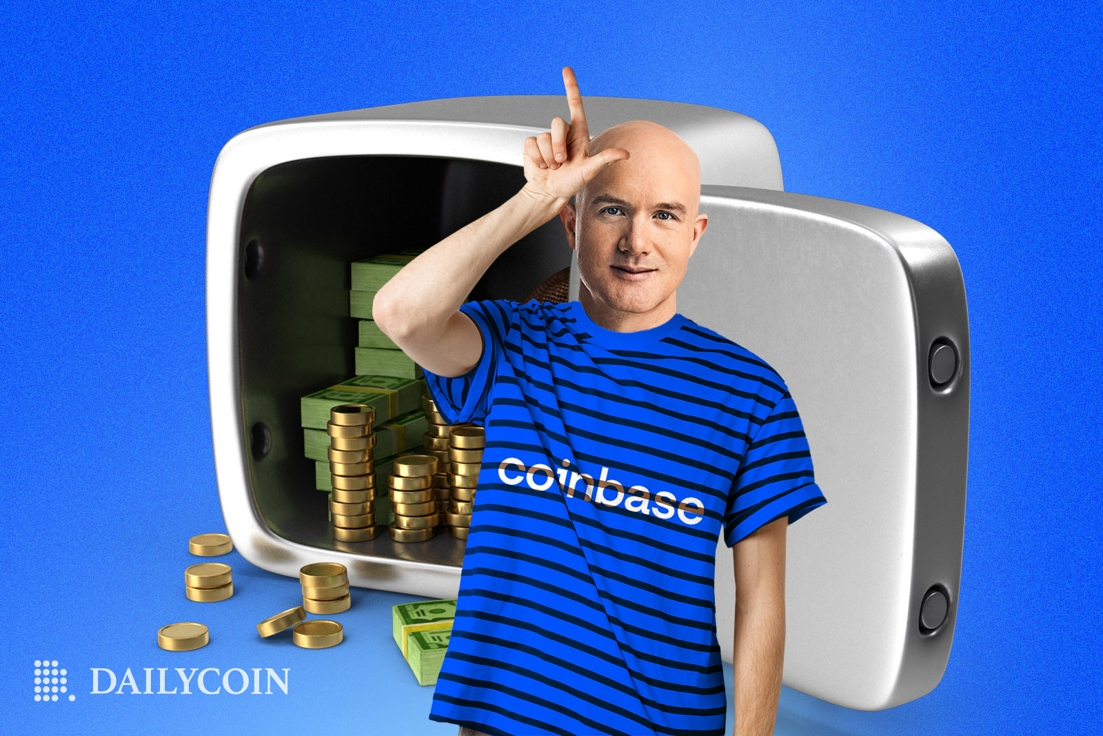 CEO of Coinbase Biran Armstrong doing a "loser" hand gesture in front of a safe full of cash.