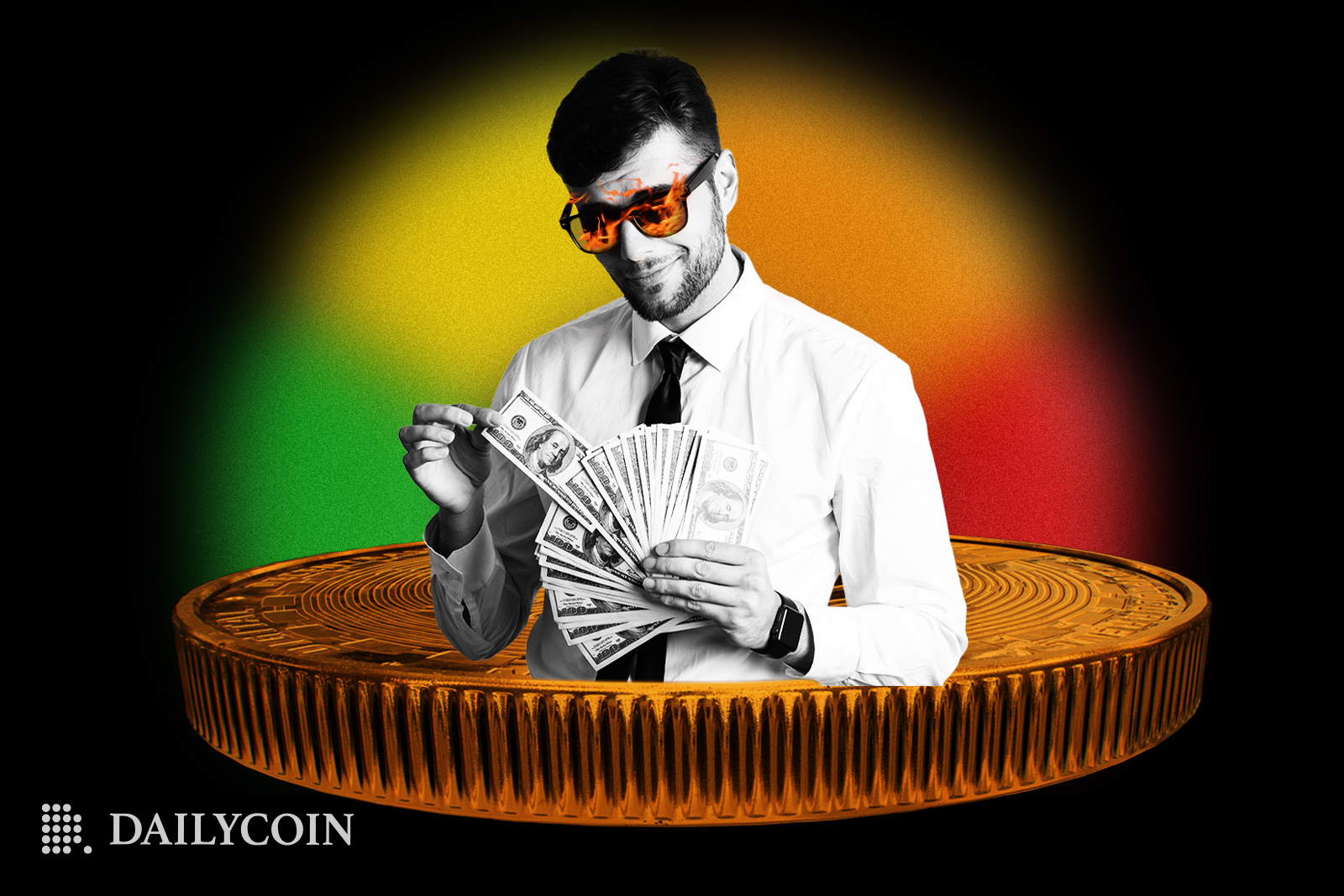 A man is holding dollar bills in his hand standing inside of a crypto coin.