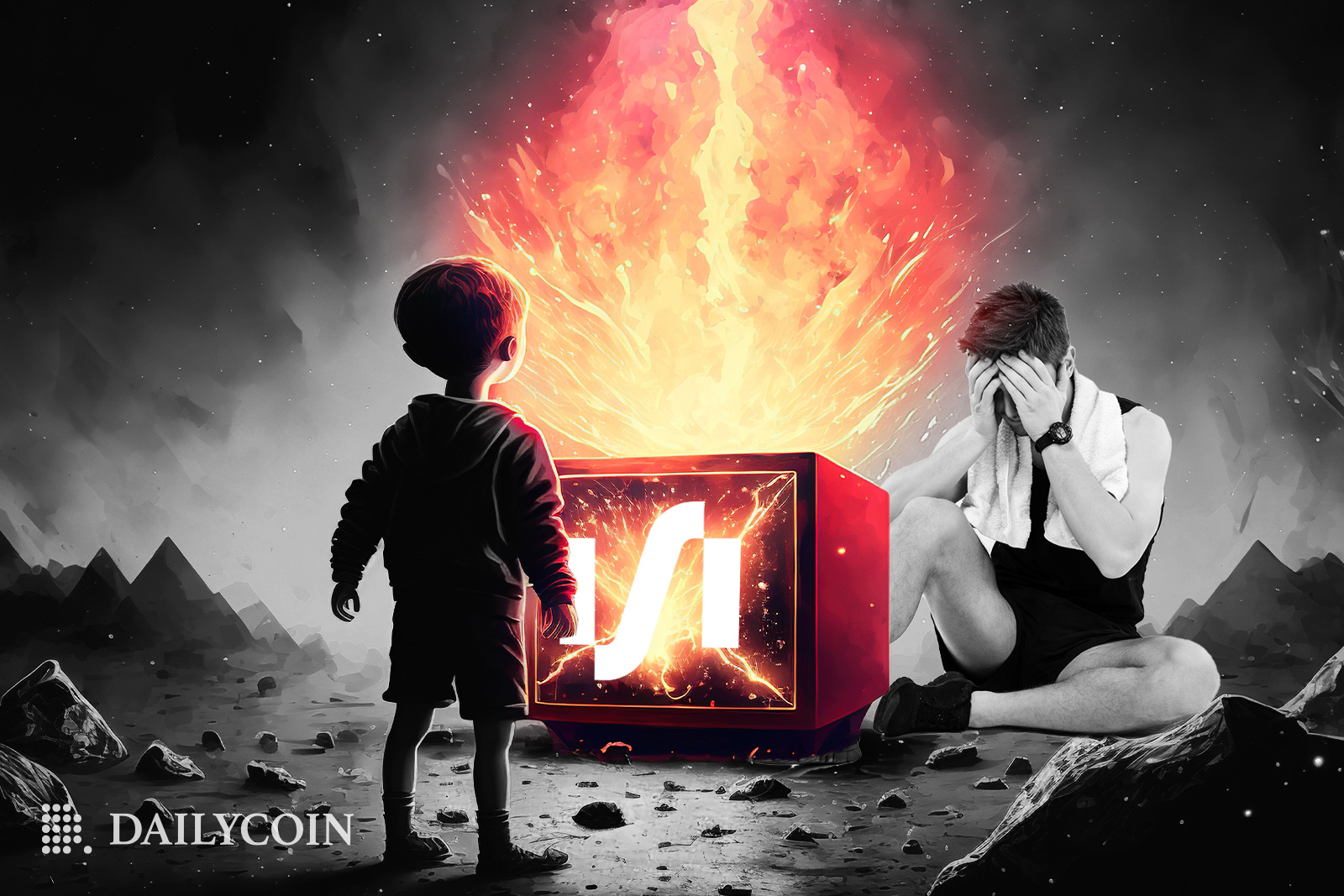 A child watching a depressed man sitting behind a red TV showing Silvergate logo on fire.