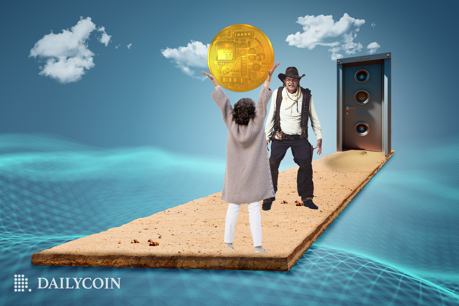 A woman holding a crypto coin in front of a cowboy on a floating dirt road leading towards a metal door.