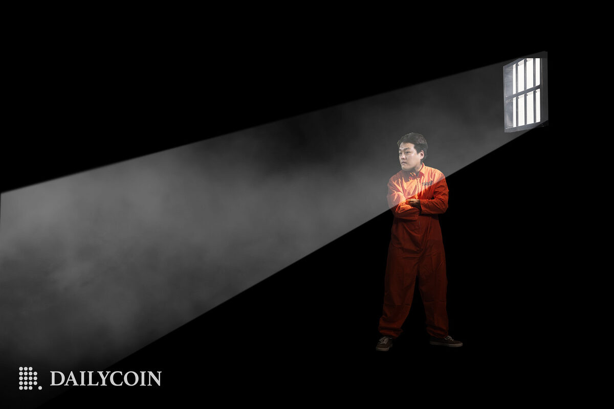Do Kwon in a dark prison cell in an orange prison suit with a small window looking at his somber surroundings.