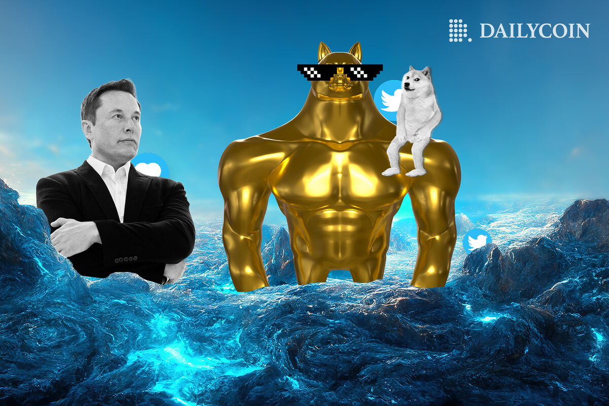 Elon Musk standing in front of a buff golden Dogecoin statue with thug life glasses and a DOGE sitting on its shoulder.